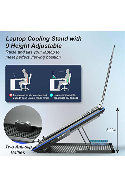 M.A&F's Laptop Cooler Pad with 6 Quiet Fans, Blue, for Laptops 11-17.3 Inch, Adjustable Height, No L
