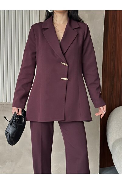 MYGİYİMİSTANBUL Blazer Jacket Wide Leg Pants Set with Gold Buttons