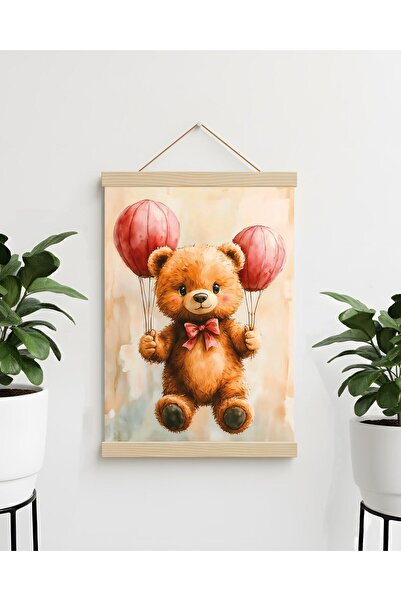 idealizbiz Αφηρημένη αφίσα σε καμβά με ροζ αρκουδάκι με μπαλόνια