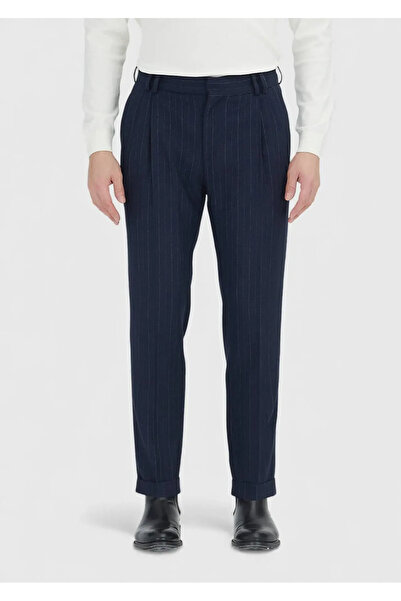 Ramsey Navy Blue Striped Woven Regular Fit Casual Wool Blend Trousers