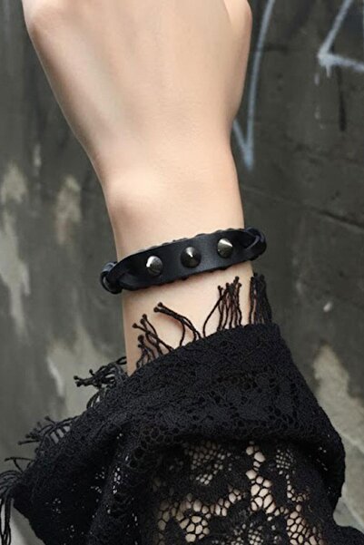Karakedi Siyah Dikenli Gotik Örgü Deri Bileklik