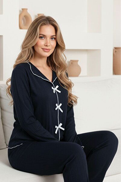 moda paketi Women's Ribbed Fabric Bow Detail Pajama Set – Long Sleeve, Comfortable and Stretchy Loungewear