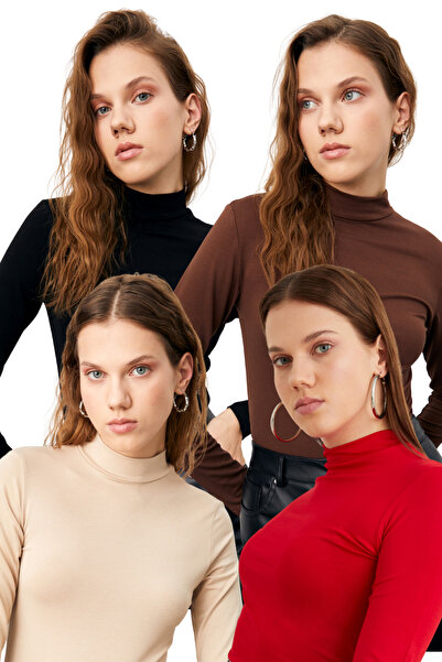 Bipantolon Women's Black Cream Bitter Brown Red 4-Piece Half Turtleneck Basic Bodysuit