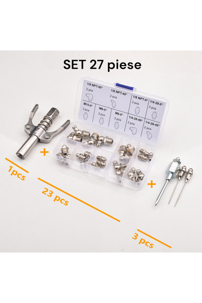 OEM Grease nipple kit with needle, nipples, head straightener, 90 degree elbow nipple adapter
