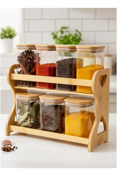 ALQANNAS 7-piece glass spice container, two-tiered, with a sturdy wooden stand.