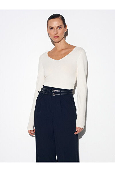 Dilvin 10842 V-Neck Cashmere Blend Knitwear Sweater-Ecru