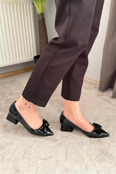 asmi shoes Women's Mila Black Crocodile Bow 3.5 cm Block Heel Stiletto / Shoes