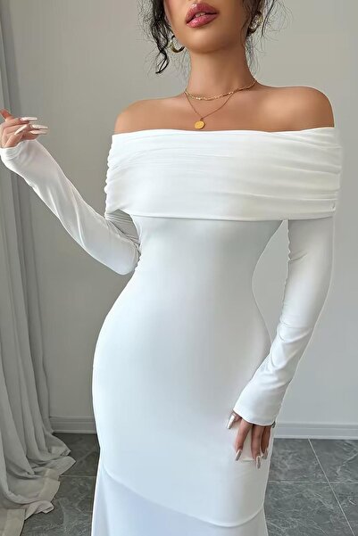 Deafox Rochie lungă din țesătură creponată cu decolteu la spate, cu mâneci lungi, cu guler alb Madonna