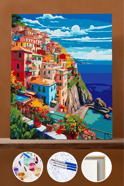 Pastelya Sayılarla Boyama Seti Çerçeveli Kasnaklı Akdeniz Kayalıkları 40x50 c...