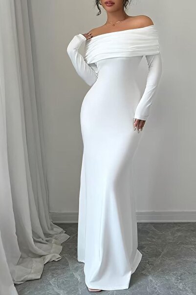 Deafox Rochie lungă din țesătură creponată cu decolteu la spate, cu mâneci lungi, cu guler alb Madonna