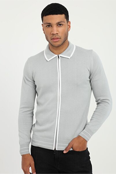 Dufy Gri Polo Yaka Düz Fermuarlı Regular Fit Erkek Triko
