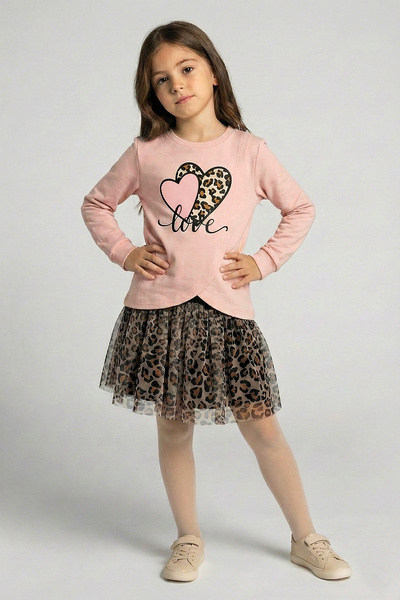 Dmb Girl's Leopard Tutu Skirted Heart Printed Set