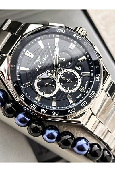 FERRO With Calendar, Men's Wristwatch, Silver Steel Band, Navy Blue Dial, Functions Active, with Bracelet Gift