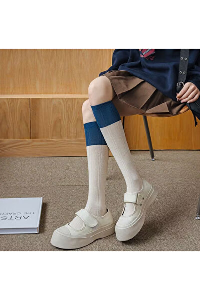 TChic White Knee-High Socks with Blue Detail