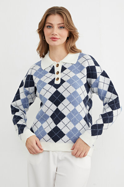 Fulla Moda Πλεκτό πουλόβερ με μισό κουμπί με μοτίβο μπακλαβά