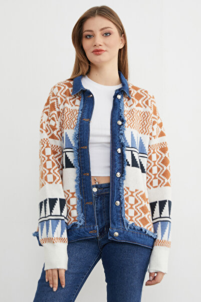 Fulla Moda Ethnic Patterned Denim Detailed Knitwear Jacket