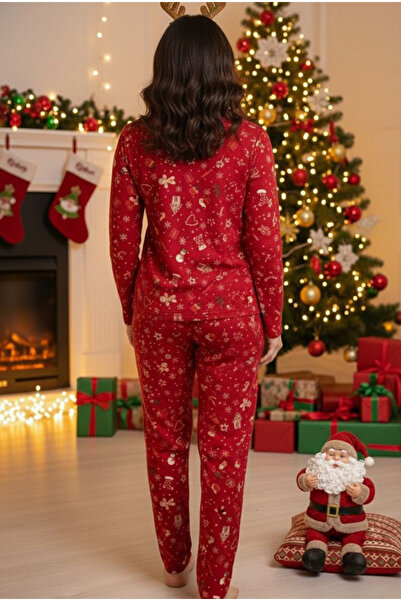 Siyah İnci Red Christmas-Themed Soft Textured Suede Knitted Pajama Suit 7983