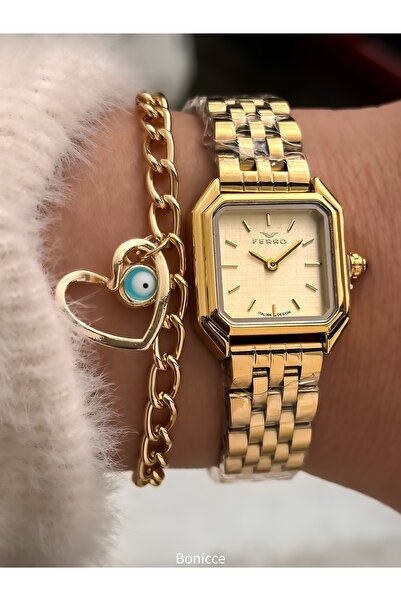 FERRO Vintage Women's Wristwatch, Mini Square Case, Yellow Color Steel Band, Heart Bracelet Gift