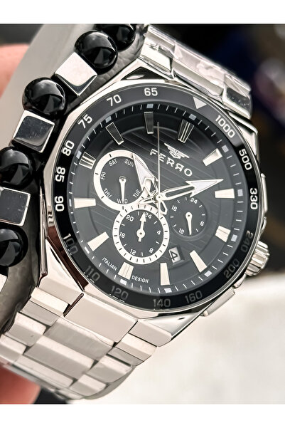 FERRO With Calendar, Men's Wristwatch, Silver Steel Band, Black Dial, Functions Active, with Bracelet Gift