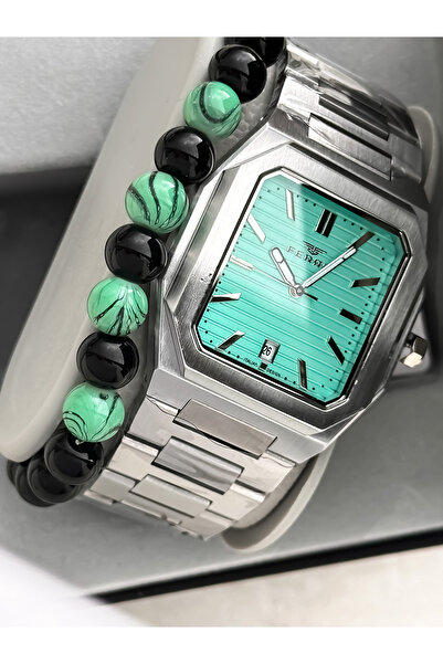 FERRO With Calendar, Men's Wristwatch, Silver Steel Band, Turquoise Dial, Stylish Design Bracelet Gift