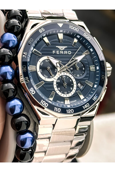 FERRO With Calendar, Men's Wristwatch, Silver Steel Band, Navy Blue Dial, Stylish Design Bracelet Gift