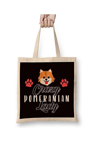 Toyaso Crazy Pomeranian Lady Pommy Mommy German Spitz Puppy Pet Paw White Tote Bag Long Handle