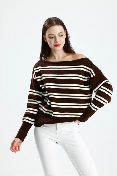 dgs look Women's Asymmetrical Rib Cut Boat Neck Striped Knitwear Sweater Brown