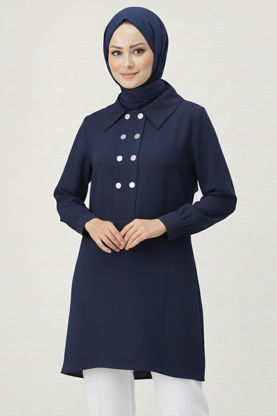 TOFİSA Button Detailed Modal Tunic Navy Blue - 28041-Dark Blue