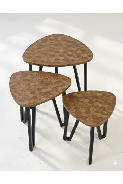 Ch طقم 3 طاولات العش الثلاثي المتداخلة بنمط قرص العسل باللون البني والارجل سوداء