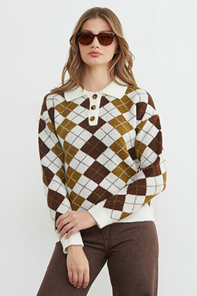 Fulla Moda Πλεκτό πουλόβερ με μισό κουμπί με μοτίβο μπακλαβά