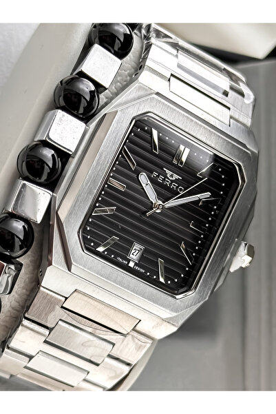 FERRO With Calendar, Men's Wristwatch, Silver Steel Band, Black Dial, Stylish Design Bracelet Gift