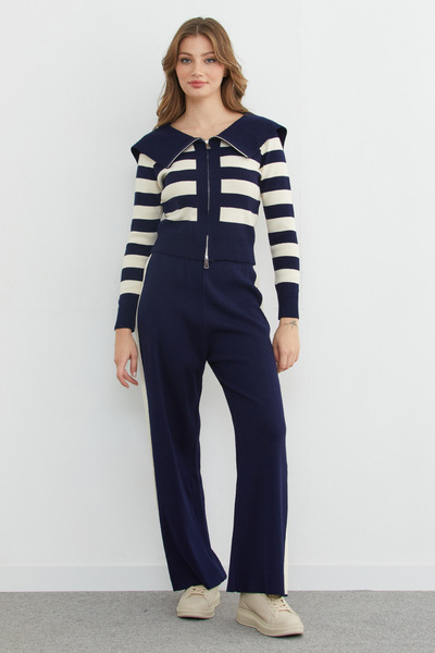 Fulla Moda Striped Zippered 2-Piece Knitwear Set