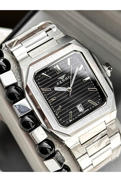 FERRO With Calendar, Men's Wristwatch, Silver Steel Band, Black Dial, Stylish Design Bracelet Gift