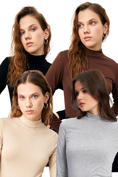 Bipantolon Women's Black Cream Bitter Brown Light Gray 4-Piece Half Turtleneck Basic Bodysuit