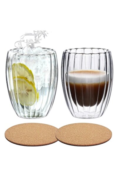 GABOS Set of 2 Double-Walled Striated Glasses 250 ml with 2 Cork Coasters
