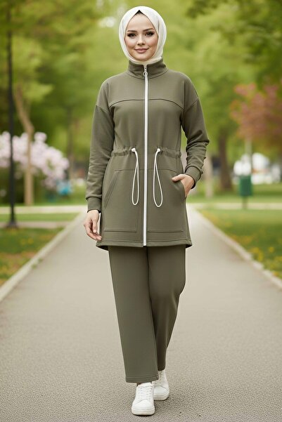 TOFİSA Modal διπλό κοστούμι με λεπτομέρεια από λάστιχο στη μέση και τσέπη με φερμουάρ - 28044-HAKI