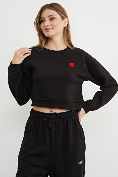 Fulla Moda 3 Thread Heart Embroidered Crop Sweatshirt