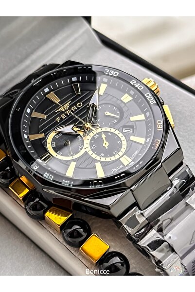 FERRO With Calendar, Men's Wristwatch, Black Steel Band, Yellow Dial, Functions Active, Bracelet Gift
