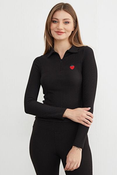 Fulla Moda Μπλούζα με μισό φερμουάρ με κέντημα φράουλας