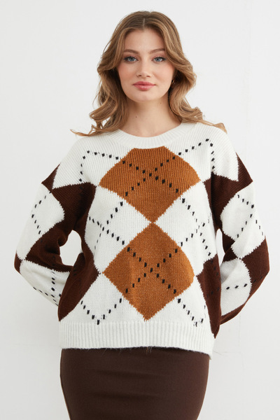 Fulla Moda Diamond Patterned Crew Neck Knitwear Sweater