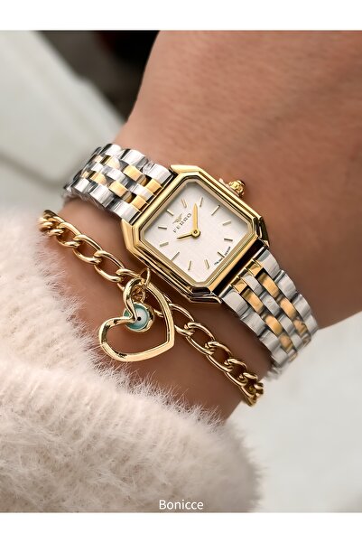 FERRO Vintage Women's Wristwatch, Mini Square Case, Silver Yellow Color Steel Band, Heart Bracelet Gift