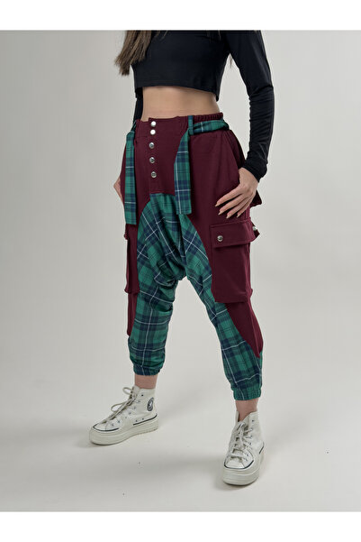 COCOPELLI Garni Design Women's Burgundy Plaid Patterned Sports Baggy Pants Co...