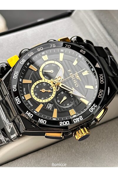 FERRO With Calendar, Men's Wristwatch, Black Steel Band, Yellow Dial, Functions Active, Bracelet Gift
