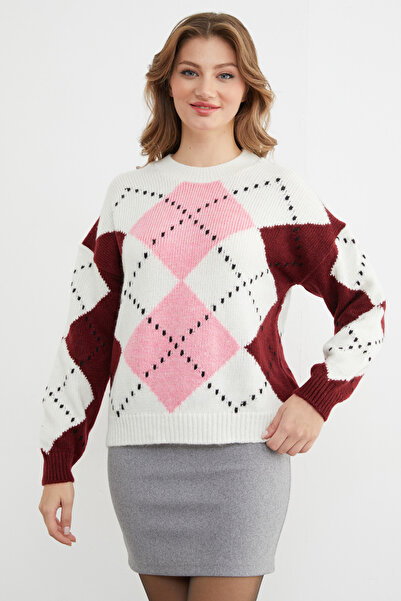 Fulla Moda Diamond Patterned Crew Neck Knitwear Sweater
