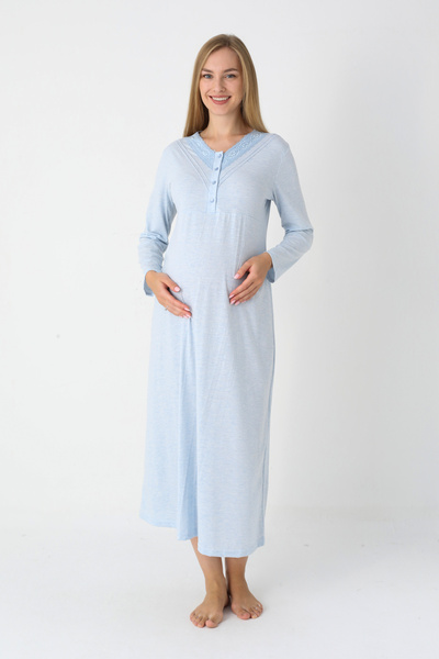 ERDENİZ TEKSTİL Patterned Combed Cotton Maternity Nightgown and Long-Sleeved Nursing Buttoned Set with Dressing Gown