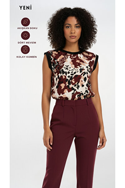 FARREN Kadın Bordo Desenli Kolsuz Bluz – Tempo Fit | Hafif Akışkan Dokuma | D...
