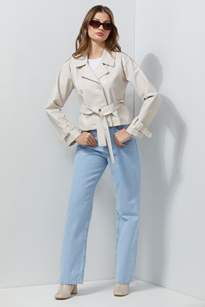 Fulla Moda διπλό πέτο Παλτό από συνθετικό δέρμα με ζώνη στο λαιμό