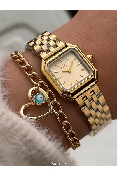 FERRO Vintage Women's Wristwatch, Mini Square Case, Yellow Color Steel Band, Heart Bracelet Gift