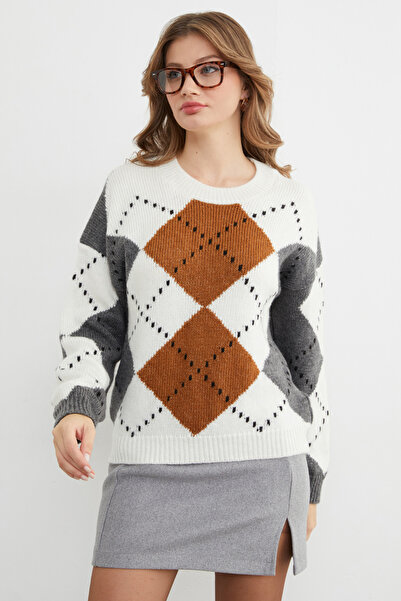 Fulla Moda Diamond Patterned Crew Neck Knitwear Sweater