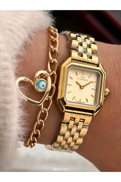FERRO Vintage Women's Wristwatch, Mini Square Case, Yellow Color Steel Band, Heart Bracelet Gift